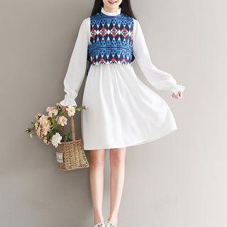 Set: Stand-collar Dress + Patterned Top