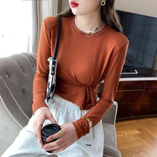 Round-neck Plain Pleated Button-up Top