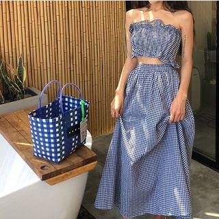 Set:color-block Plaid Tube Top + High-waist Skirt