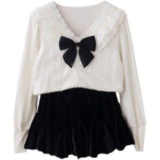 Lace Trim Bow Blouse / A-line Velvet Dress / Set