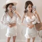 Set: Bikini Top +shirred Swim Skirt + Lace Cover-up