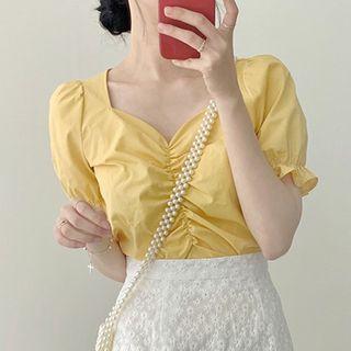 Puff-sleeve Shirred Cropped Blouse / Midi A-line Skirt