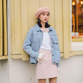 Letter Embroidered Lace Trim Denim Jacket
