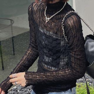 Mock-neck Long-sleeve Mesh Top Black - One Size