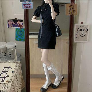 Short-sleeve Bow Detail Jacquard Mini Sheath Dress