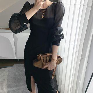 Long-sleeve Mesh Panel Slit Dress