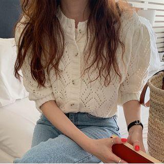 Elbow-sleeve Pointelle Knit Cardigan White - One Size