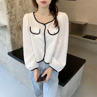 Long-sleeve Contrast Trim Button Blouse