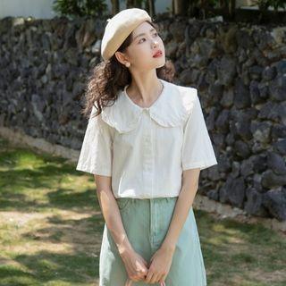 Short-sleeve Plain Collared Shirt White - One Size