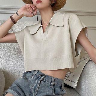 Short-sleeve Collar Knit Top Beige - One Size