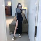 Set: Long-sleeve Knit Top + Spaghetti Strap Slit Maxi Underbust Dress