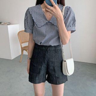 Gingham Short-sleeve Blouse / High-waist Denim Straight-cut Shorts