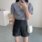 Gingham Short-sleeve Blouse / High-waist Denim Straight-cut Shorts