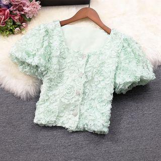 Short Sleeve Floral Accent Chiffon Blouse