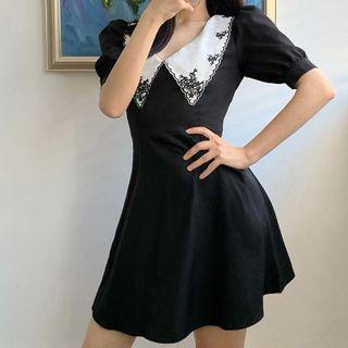 Puff-sleeve Embroidered Collar A-line Dress