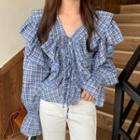 Long-sleeve Plaid Ruffled Tie-front Top Blue - One Size