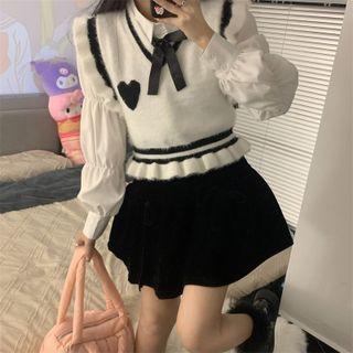 Puff-sleeve Blouse / V-neck Heart Print Sweater Vest