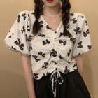 Puff-sleeve Bow Print Cropped Blouse
