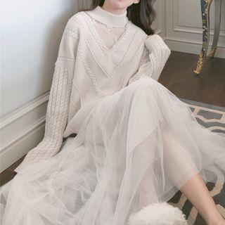 Set: Mesh Panel Sweater + Mesh Midi A-line Skirt Set: Sweater + Skirt - One Size