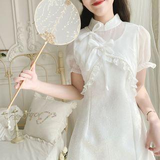 Short-sleeve Bow Accent Ruffle Smock Dress