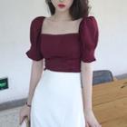 Square-neck Puff-sleeve Blouse / Side-slit Midi A-line Skirt