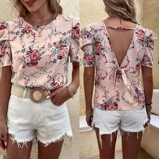 Floral Short-sleeve Back Cutout Blouse