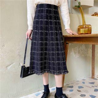 Tasseled Plaid Midi A-line Skirt