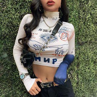Mock-neck Long-sleeve Lettering Crop T-shirt