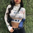 Mock-neck Long-sleeve Lettering Crop T-shirt