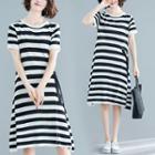 Short-sleeve Striped Midi Knit Dress Stripes - Black & White - One Size