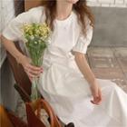 Short-sleeve Plain Pleated Loose Fit Dress White - One Size