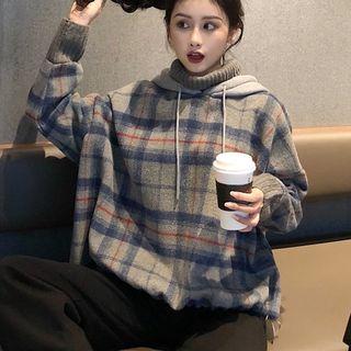 Mock Two-piece Turtleneck Plaid Hoodie / Pom Pom Trim Wide-leg Pants