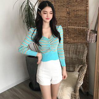 Striped Square-neck Long-sleeve Knit Top