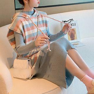 Set: Striped Sleeveless Knit Hoodie + Midi Rib Knit Dress