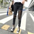 Sheer Panel Ripped Slim Fit Jeans