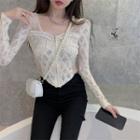 Square-neck Plain Lace Zip Cropped Blouse