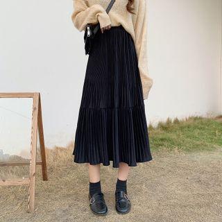 Pleated Tiered Midi A-line Skirt
