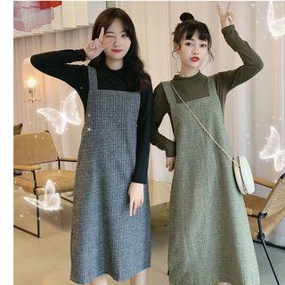 Plain Long-sleeve T-shirt / Plaid Midi Jumper Dress