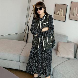 Long-sleeve Floral Print Midi A-line Dress / Buttoned Plaid Vest