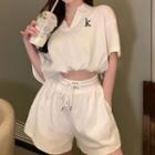 Short-sleeve Lettering Polo Shirt + High-waist Drawstring Shorts