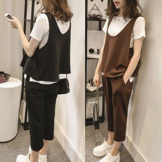 Set: Crew-neck Short-sleeve T-shirt + Cropped Sweatpants + Vest
