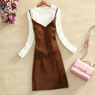 Set: Plain Long Sleeve T-shirt + Plain Spaghetti Strap Dress