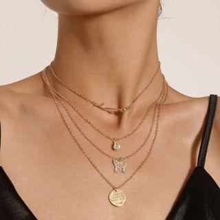 Lettering Disc Butterfly Rose Pendant Layered Necklace