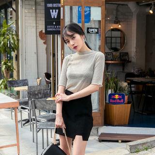 Mock-neck Short-sleeve Sheer Glitter Top