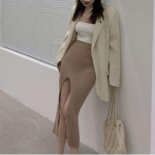 Side-slit Ribbed Knit Midi Pencil Skirt