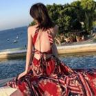 Spaghetti Strap Floral Print Open-back A-line Maxi Dress