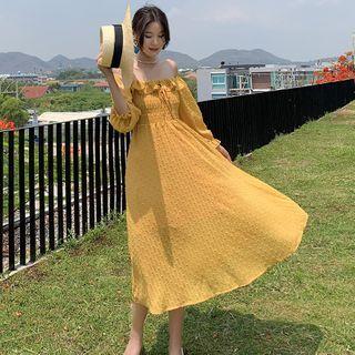 Off-shoulder Long-sleeve Dotted Midi A-line Dress