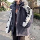 Furry Hooded Letter Printed Color Block Zipped Jacket