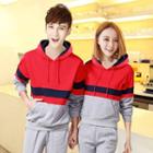 Set: Couple Color-block Hooded Pullover + Drawstring Applique Pants