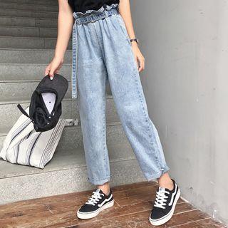 Paperbag-waist Straight-cut Washed Jeans